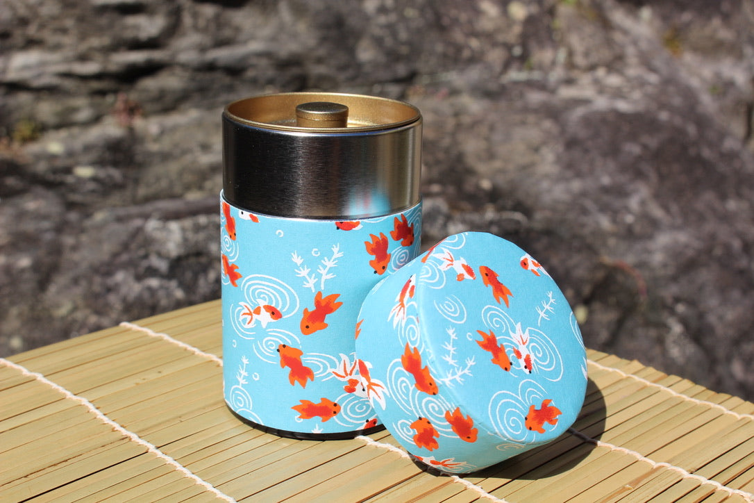 Kotodo Japanese Washi Paper Wrapped Tea Tin Canister - Long 100g (3.5oz) Gold Fish (#14)