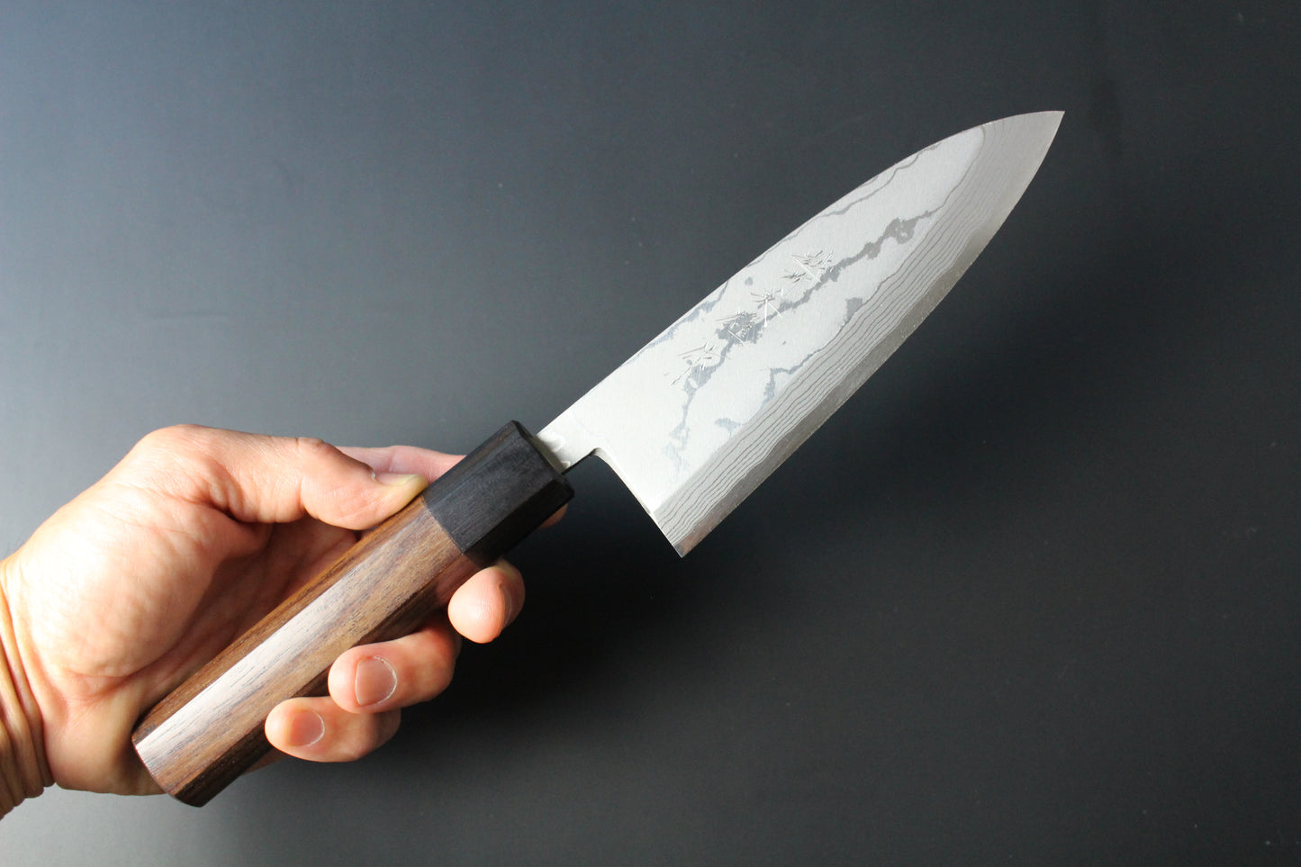 Hideo Kitaoka - Shirogami No2 Damascus Deba Knife 150mm with octagonal rosewood handle (For right hander)