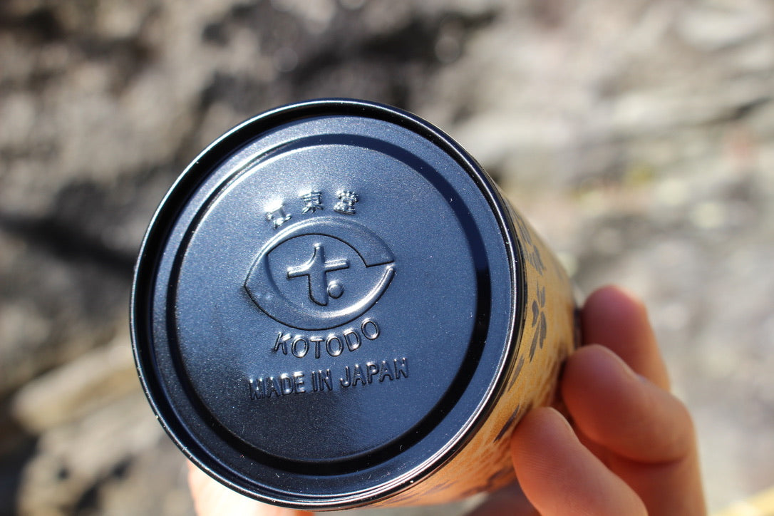 Kotodo Japanese Washi Paper Wrapped Tea Tin Canister - Long 100g (3.5oz) Blue and Gold Cherry Blossoms (#106)