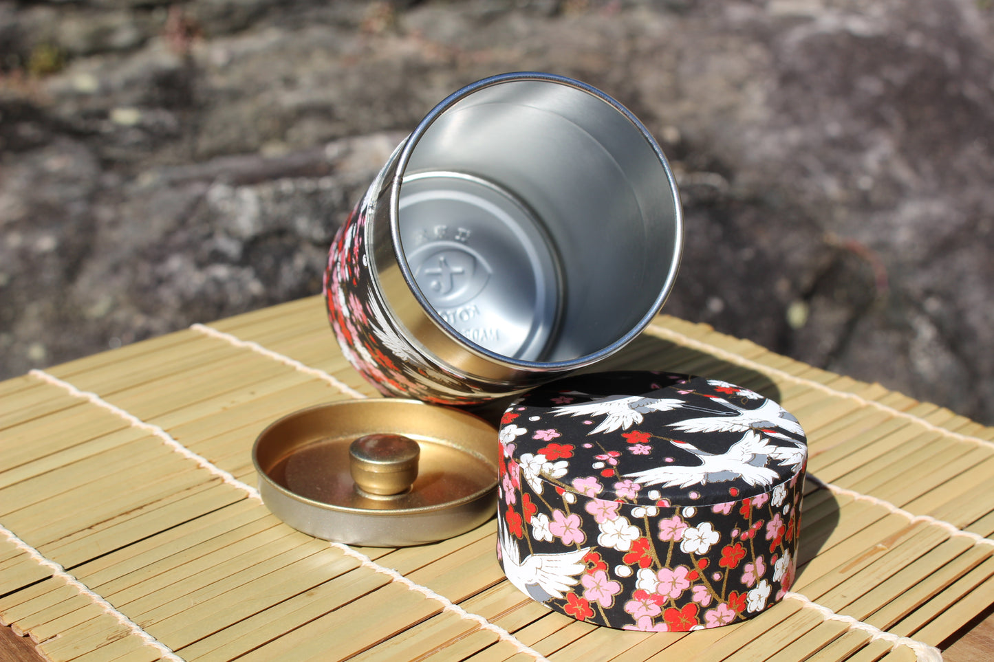Kotodo Japanese Washi Paper Wrapped Tea Tin Canister - Long 100g (3.5oz) Flying Cranes in The Night (#101)