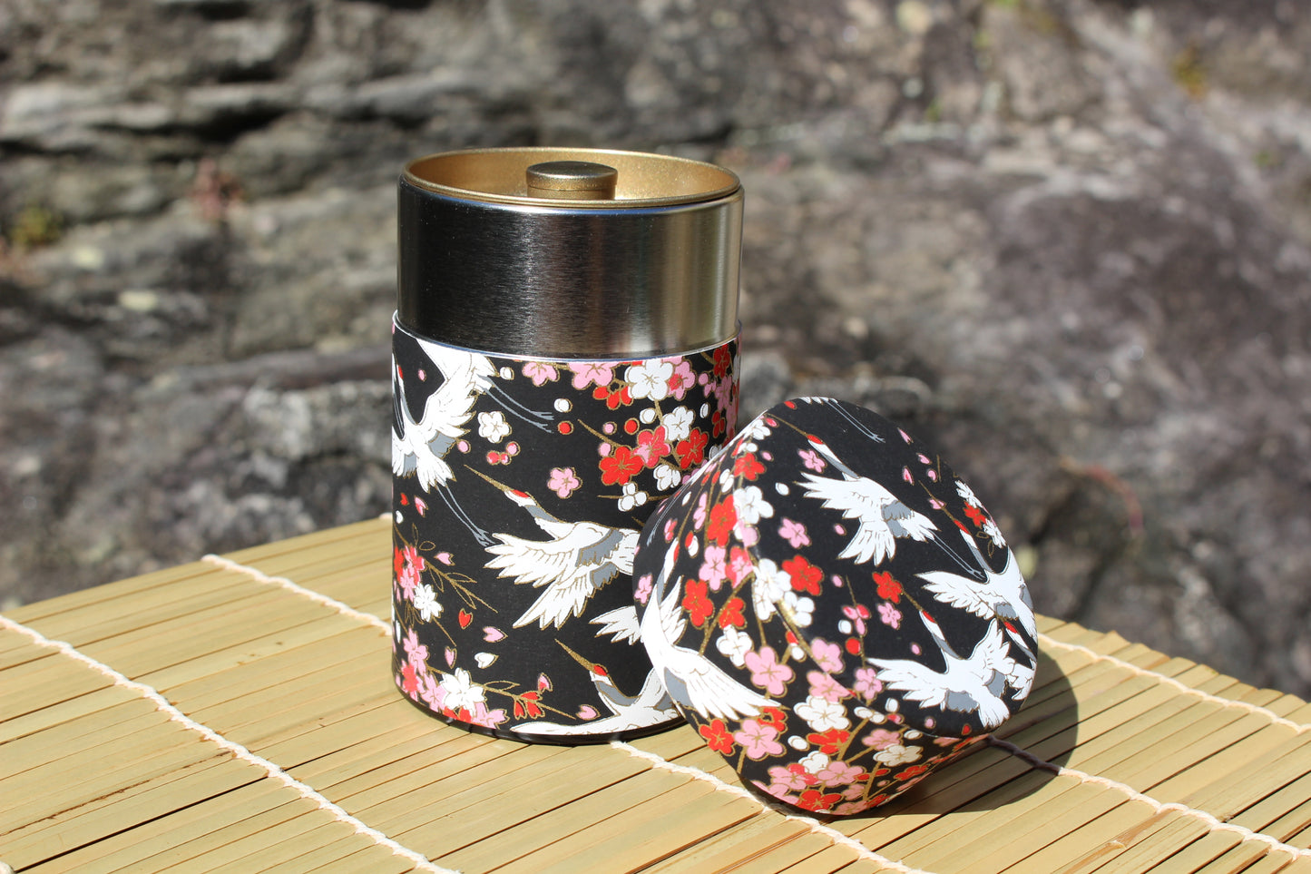 Kotodo Japanese Washi Paper Wrapped Tea Tin Canister - Long 100g (3.5oz) Flying Cranes in The Night (#101)