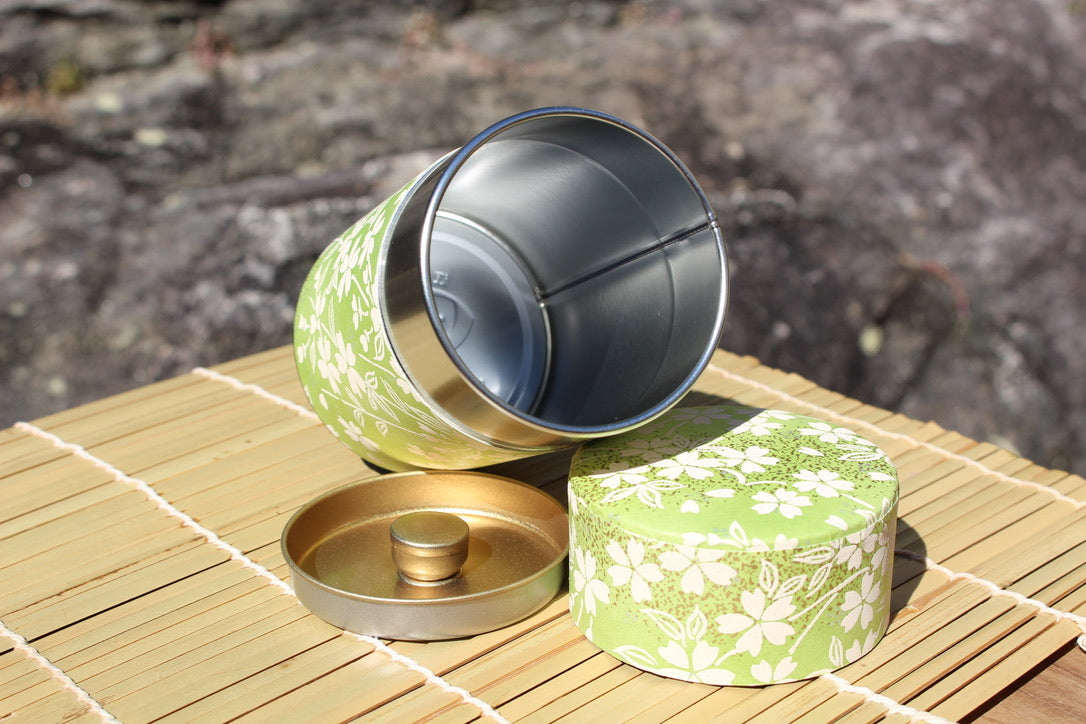 Kotodo Japanese Washi Paper Wrapped Tea Tin Canister - Long 100g (3.5oz) Green Floral (#53)