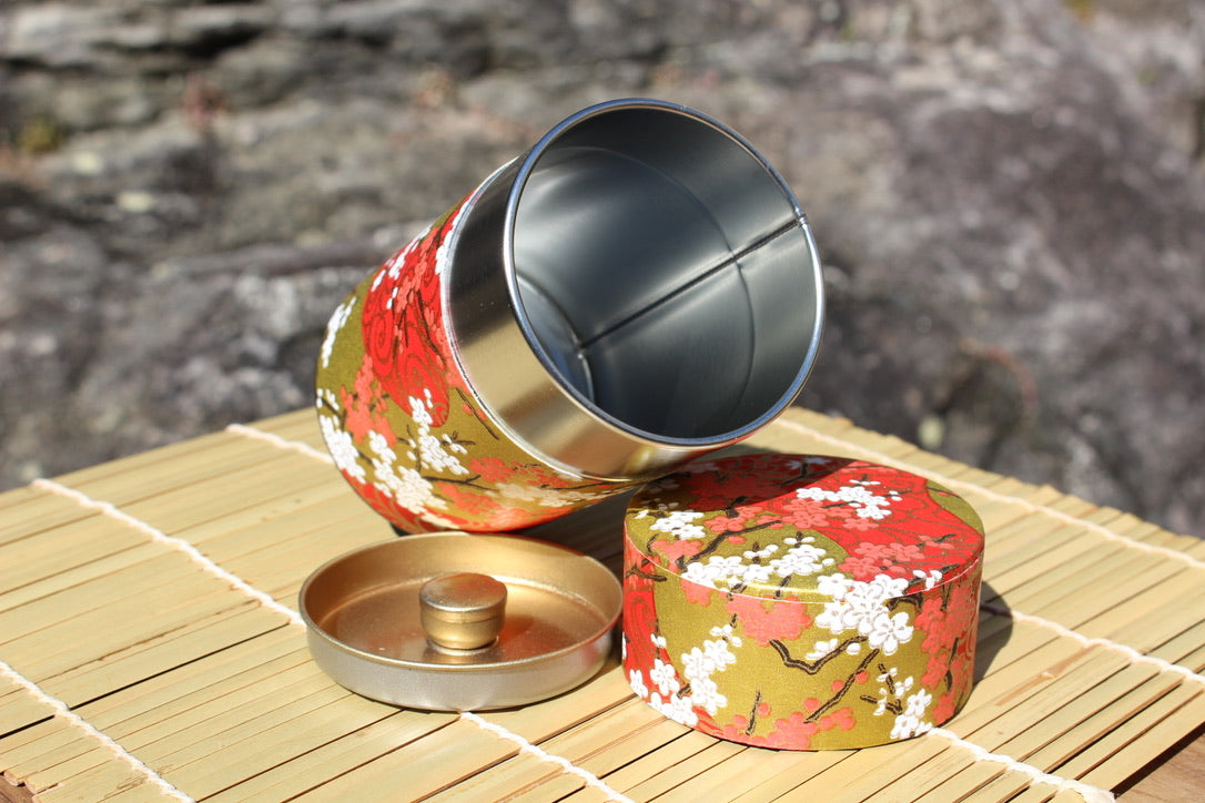 Kotodo Japanese Washi Paper Wrapped Tea Tin Canister - Long 100g (3.5oz) Plum Blossoms with Sunrise Glow (#48)