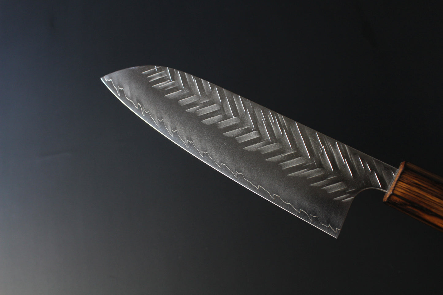 Yoshimi Kato - SG2 V hammered Santoku Knife 170mm with lacquered burned oak handle