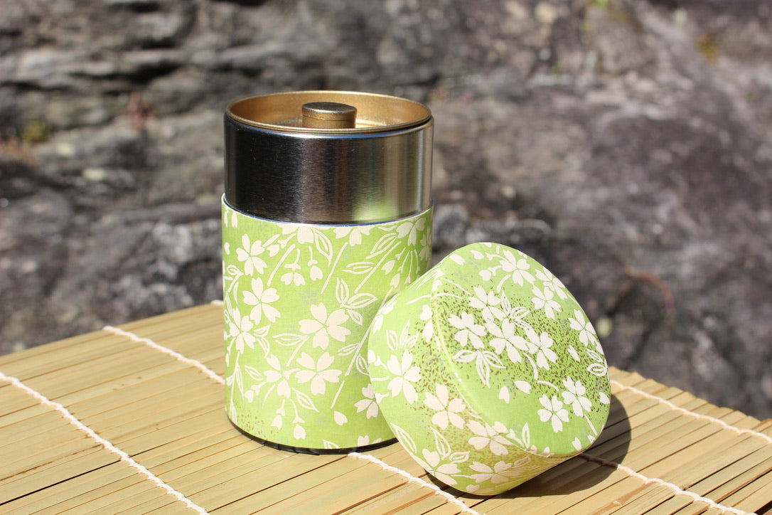 Kotodo Japanese Washi Paper Wrapped Tea Tin Canister - Long 100g (3.5oz) Green Floral (#53)