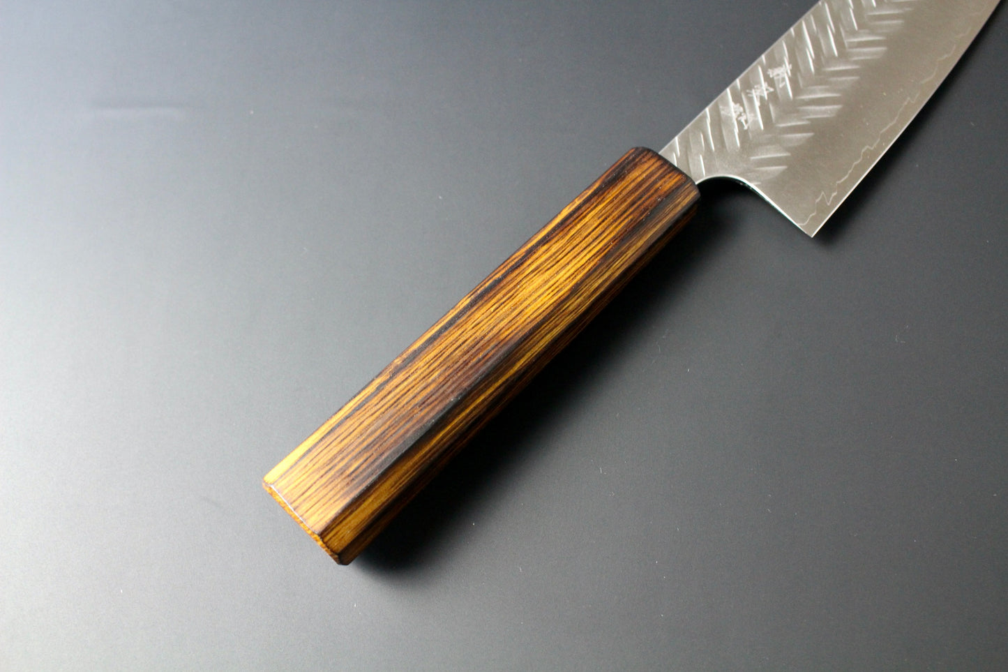 Yoshimi Kato - SG2 V hammered Santoku Knife 170mm with lacquered burned oak handle