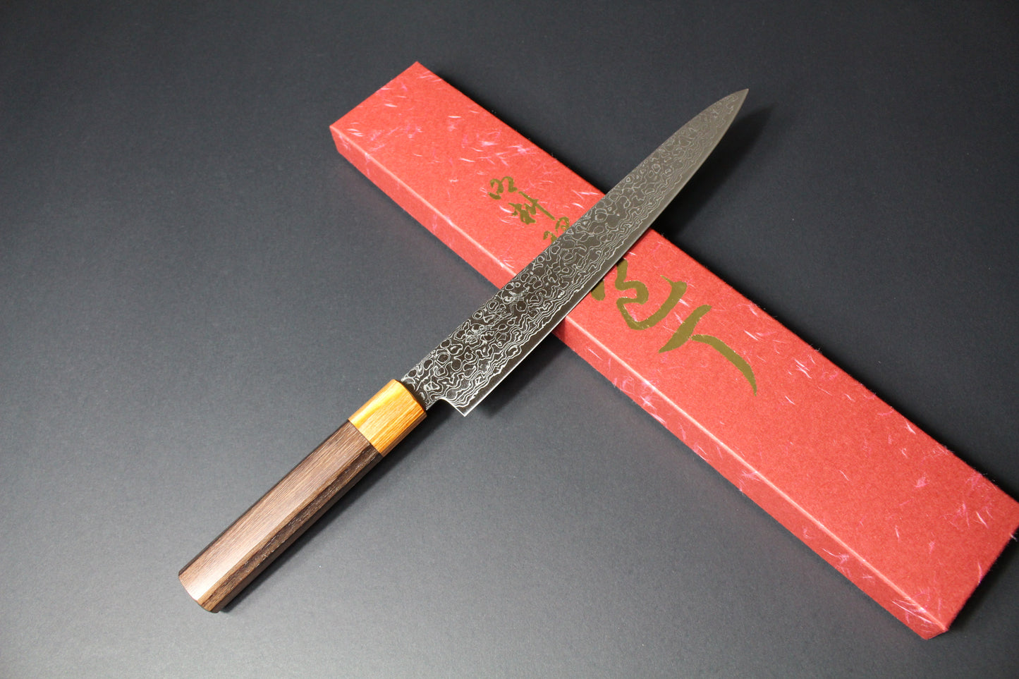 Mikazuki - AUS10 Polished Damascus Sujihiki Knife 240mm w/Octagonal rosewood handle