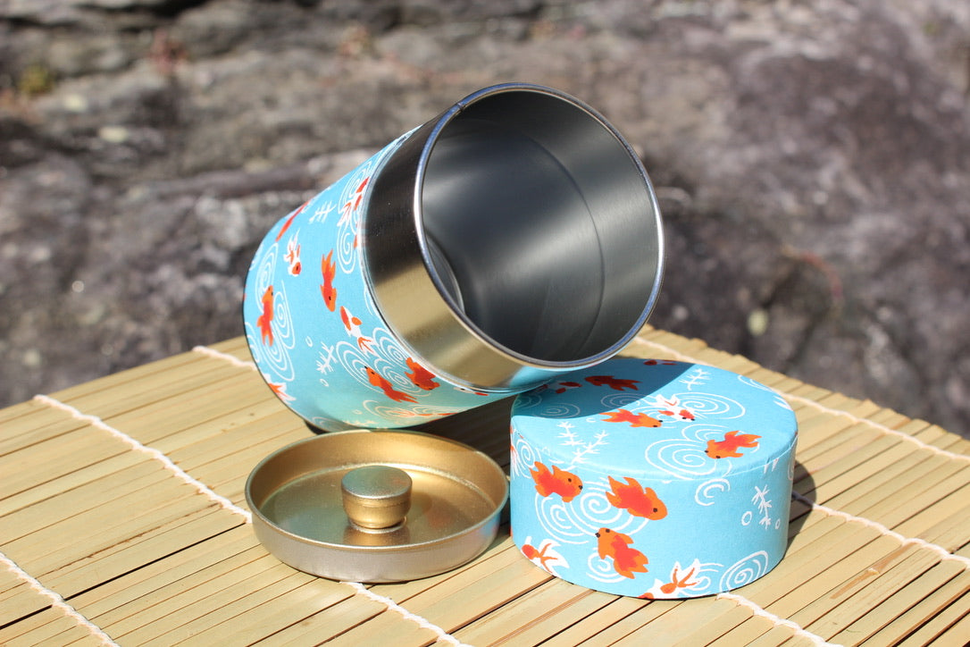 Kotodo Japanese Washi Paper Wrapped Tea Tin Canister - Long 100g (3.5oz) Gold Fish (#14)