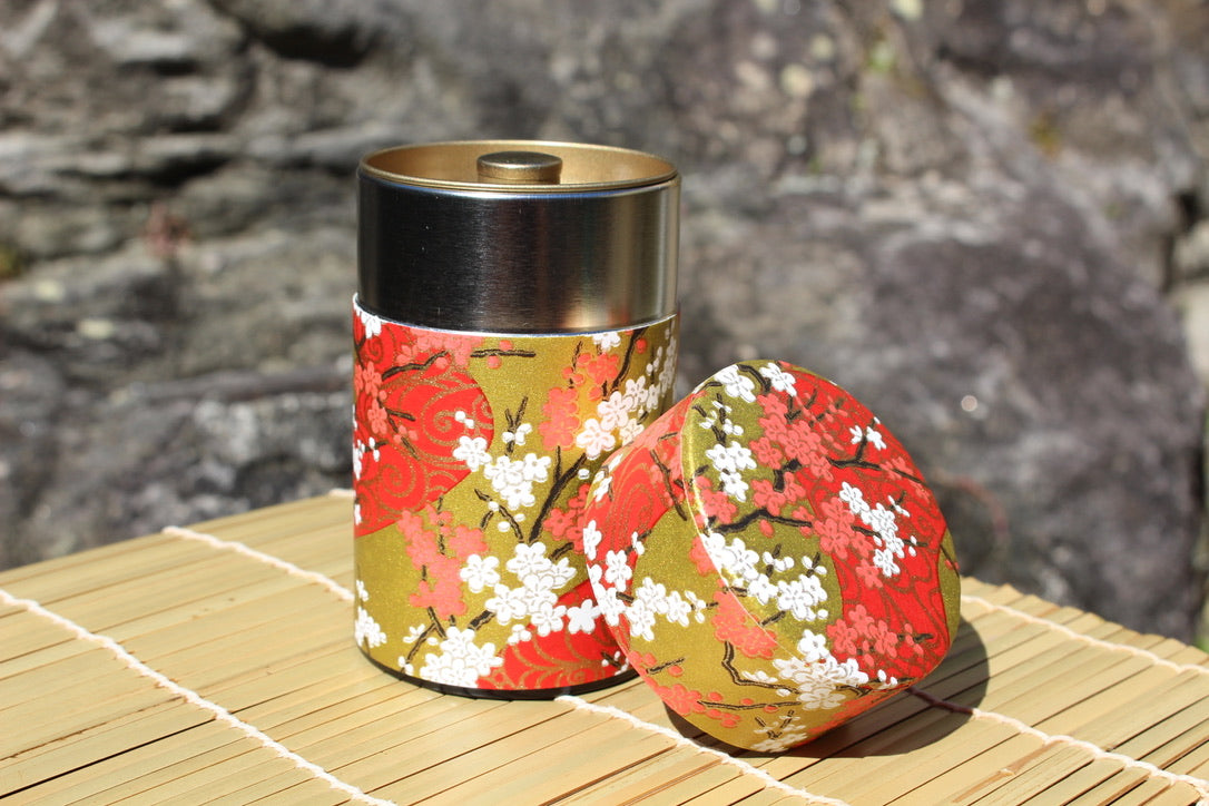 Kotodo Japanese Washi Paper Wrapped Tea Tin Canister - Long 100g (3.5oz) Plum Blossoms with Sunrise Glow (#48)