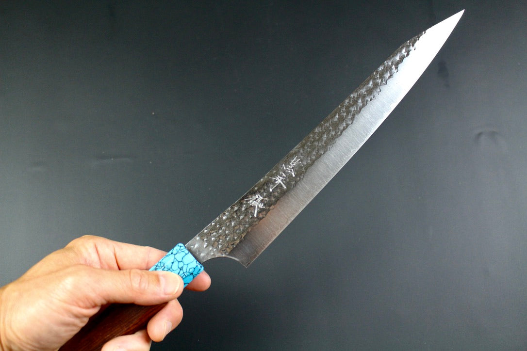 Yu Kurosaki - SG2 Hammered "Senko Ei" Sujihiki Knife 240mm with wenge handle turquoise ferrule