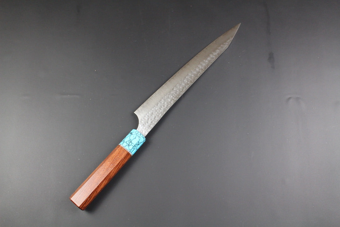 Yu Kurosaki - SG2 Hammered "Senko Ei" Sujihiki Knife 240mm with wenge handle turquoise ferrule
