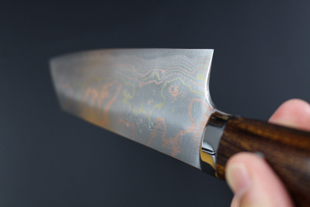 Takeshi Saji - Aogami No2 rainbow colored damascus Bunka Knife 180mm with ironwood handle