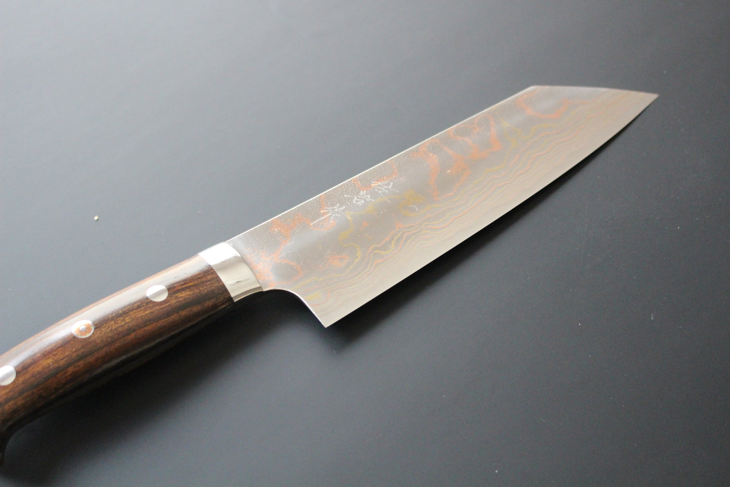 Takeshi Saji - Aogami No2 rainbow colored damascus Bunka Knife 180mm with ironwood handle