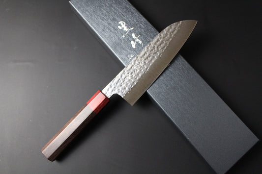 Yu Kurosaki - SG2 Hammered "Senko" Santoku Knife 170mm with rosewood handle red ferrule