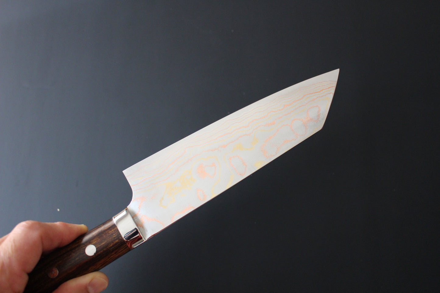 Takeshi Saji - Aogami No2 rainbow colored damascus Bunka Knife 180mm with ironwood handle