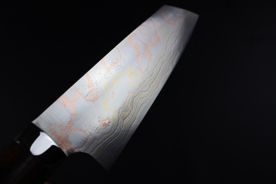 Takeshi Saji - Aogami No2 rainbow colored damascus Bunka Knife 180mm with ironwood handle