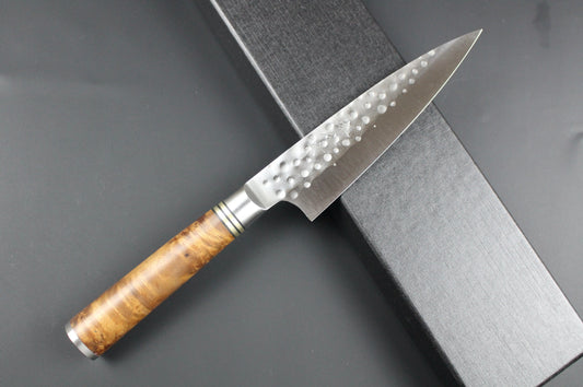 Takeshi Saji - R2 Hammered Petty Knife 130mm with quince burl handle