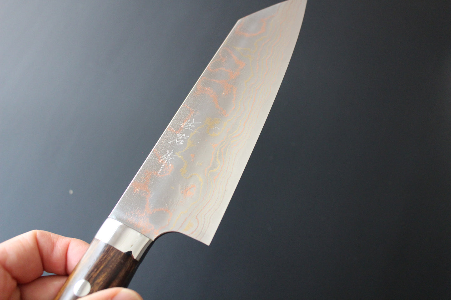 Takeshi Saji - Aogami No2 rainbow colored damascus Bunka Knife 180mm with ironwood handle
