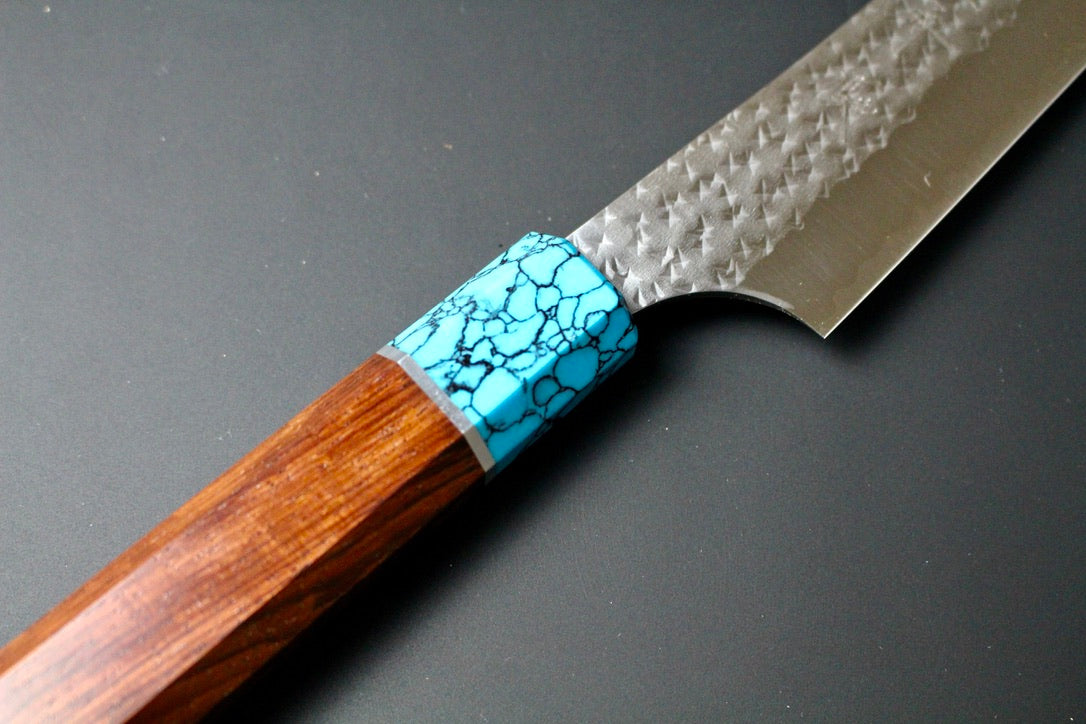 Yu Kurosaki - SG2 Hammered "Senko Ei" Sujihiki Knife 240mm with wenge handle turquoise ferrule