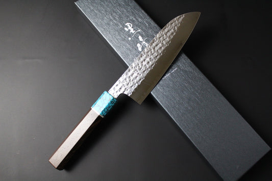 Yu Kurosaki - SG2 Hammered "Senko" Santoku Knife 170mm with wenge handle turquoise ferrule