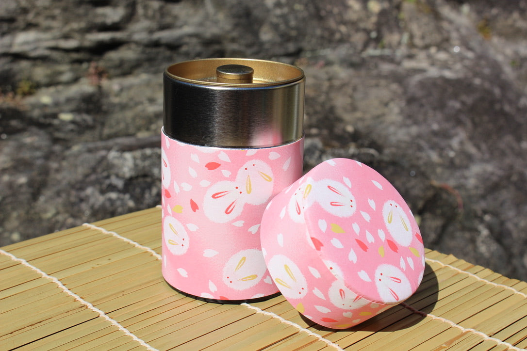 Kotodo Japanese Washi Paper Wrapped Tea Tin Canister - Long 100g (3.5oz) Bunnies in Pink (#23)