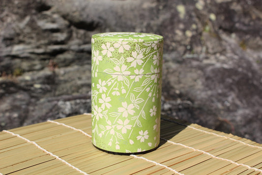 Kotodo Japanese Washi Paper Wrapped Tea Tin Canister - Long 100g (3.5oz) Green Floral (#53)