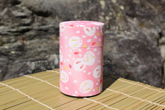 Kotodo Japanese Washi Paper Wrapped Tea Tin Canister - Long 100g (3.5oz) Bunnies in Pink (#23)