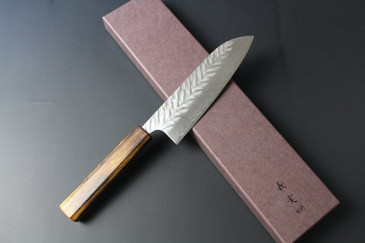 Yoshimi Kato - SG2 V hammered Santoku Knife 170mm with lacquered burned oak handle