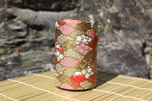 Kotodo Japanese Washi Paper Wrapped Tea Tin Canister - Long 100g (3.5oz) Mt.Fuji & Golden Clouds (#132)