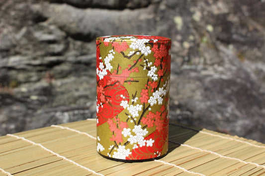 Kotodo Japanese Washi Paper Wrapped Tea Tin Canister - Long 100g (3.5oz) Plum Blossoms with Sunrise Glow (#48)