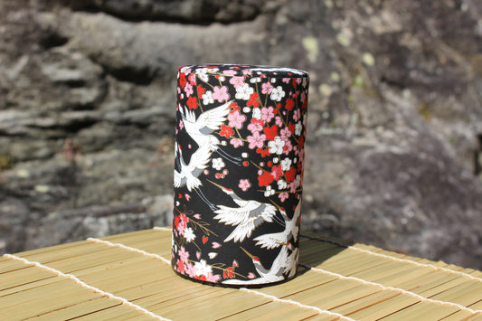 Kotodo Japanese Washi Paper Wrapped Tea Tin Canister - Long 100g (3.5oz) Flying Cranes in The Night (#101)