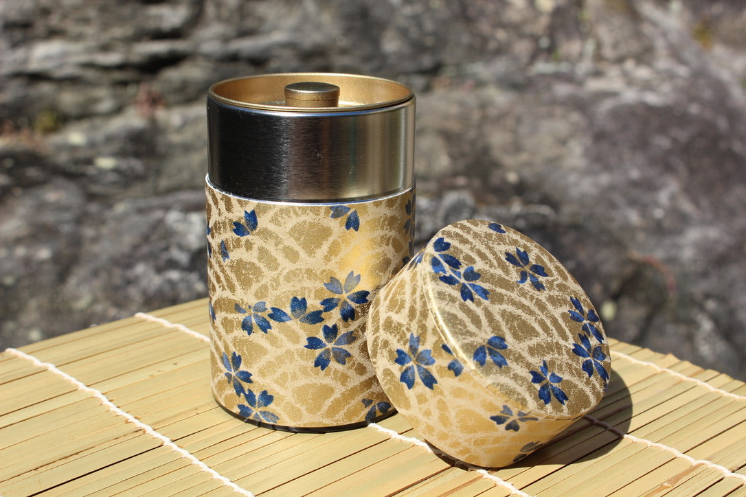 Kotodo Japanese Washi Paper Wrapped Tea Tin Canister - Long 100g (3.5oz) Blue and Gold Cherry Blossoms (#106)