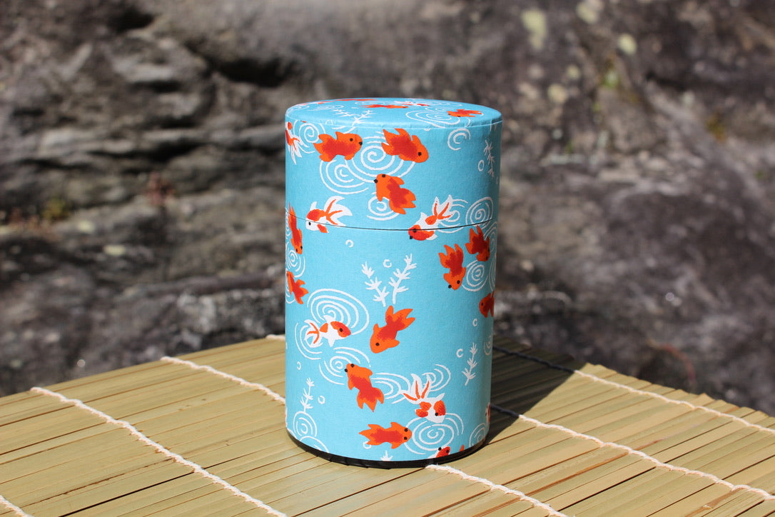 Kotodo Japanese Washi Paper Wrapped Tea Tin Canister - Long 100g (3.5oz) Gold Fish (#14)