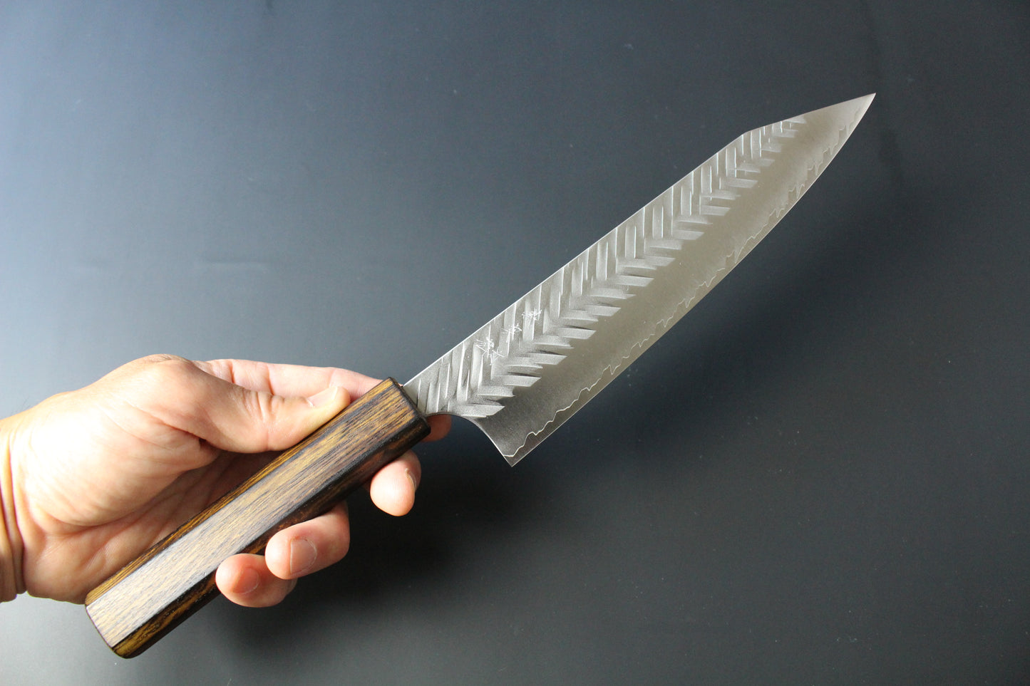 Yoshimi Kato - SG2 V hammered kiritsuke Gyuto Knife  210mm with lacquered burned oak handle