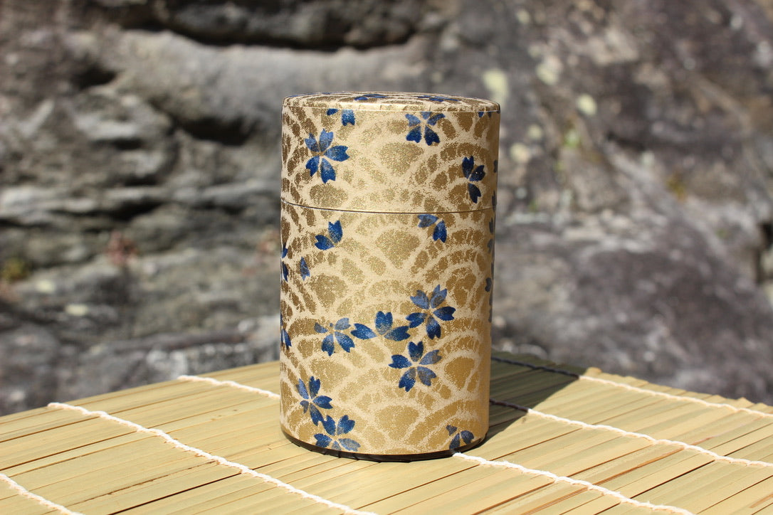 Kotodo Japanese Washi Paper Wrapped Tea Tin Canister - Long 100g (3.5oz) Blue and Gold Cherry Blossoms (#106)