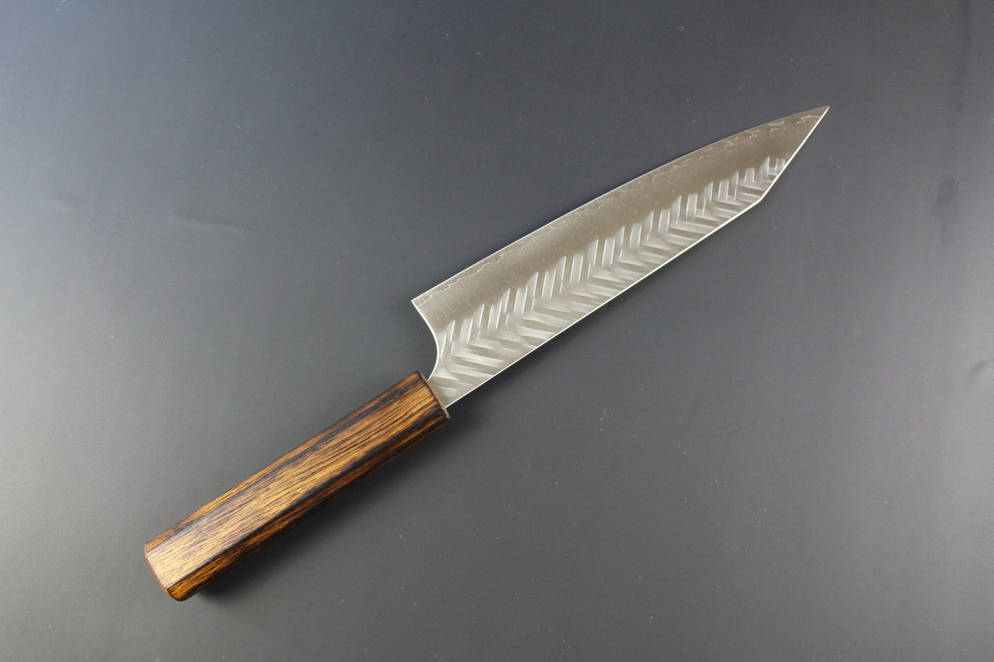 Yoshimi Kato - SG2 V hammered kiritsuke Gyuto Knife  210mm with lacquered burned oak handle