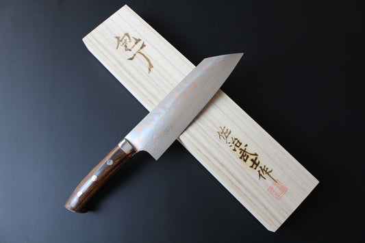 Takeshi Saji - Aogami No2 rainbow colored damascus Bunka Knife 180mm with ironwood handle