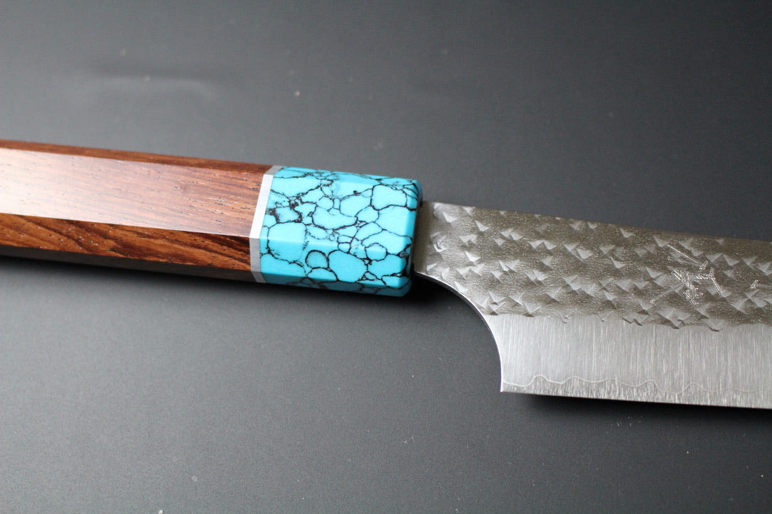 Yu Kurosaki - SG2 Hammered "Senko Ei" Sujihiki Knife 240mm with wenge handle turquoise ferrule