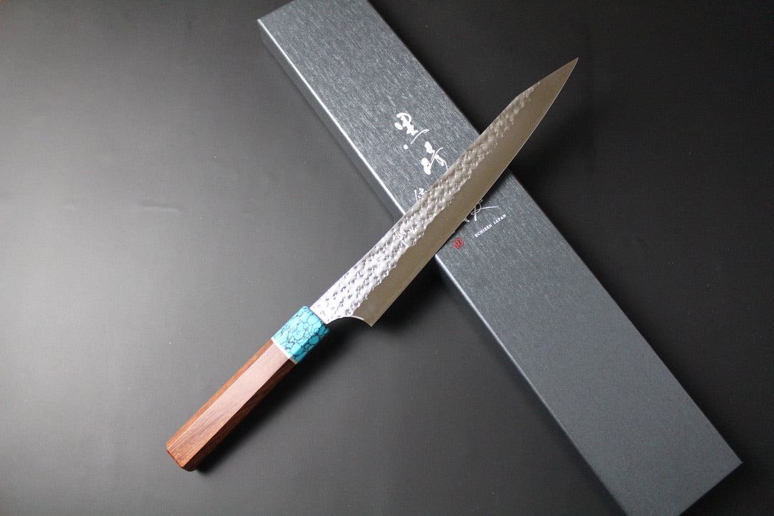 Yu Kurosaki - SG2 Hammered "Senko Ei" Sujihiki Knife 240mm with wenge handle turquoise ferrule