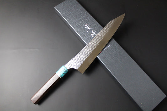 Yu Kurosaki - SG2 Hammered "Senko Ei" Gyuto Knife 240mm with wenge handle turquoise ferrule