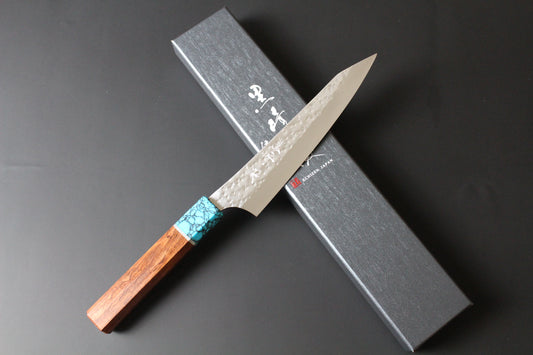 Yu Kurosaki - SG2 Hammered "Senko Ei" Petty Knife 150mm with wenge handle turquoise ferrule