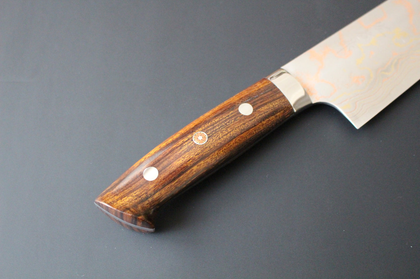 Takeshi Saji - Aogami No2 rainbow colored damascus Bunka Knife 180mm with ironwood handle