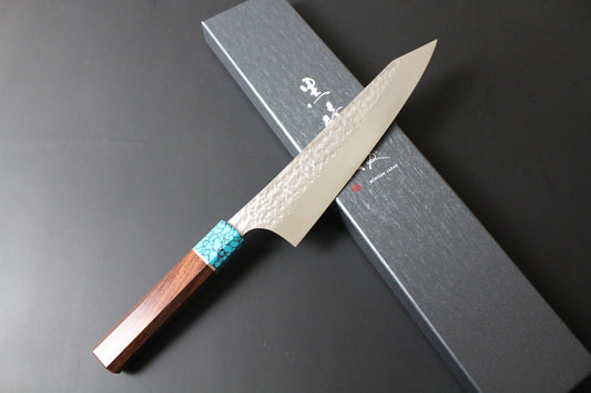 Yu Kurosaki - SG2 Hammered "Senko Ei" Gyuto Knife 210mm with Wenge handle turquoise ferrule